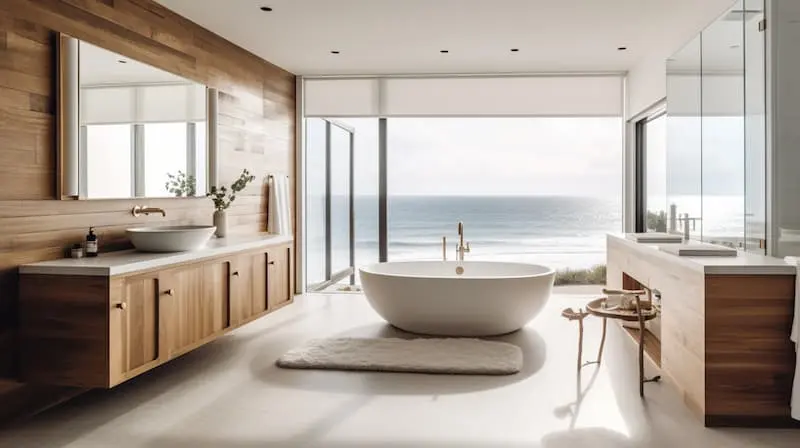 oval white soaker tub placed in front of an oceanview window with wooden cabinets