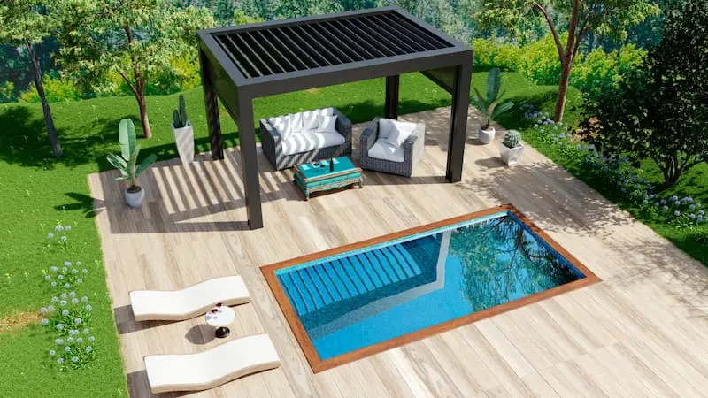 a small pool with a wooden deck and pergola are trending outdoor features