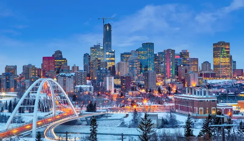 Edmonton skyline at sunset during the winter