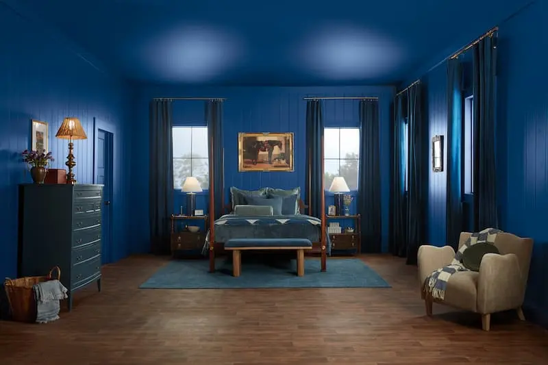 dark blue bedroom with two windows and drapery