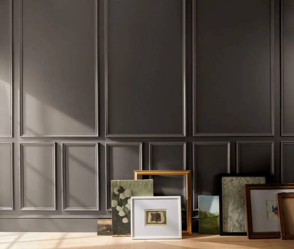 wall with wooden trim painted in Benjamin Moore's choice for Paint Color of the Year 2026 Silhouette