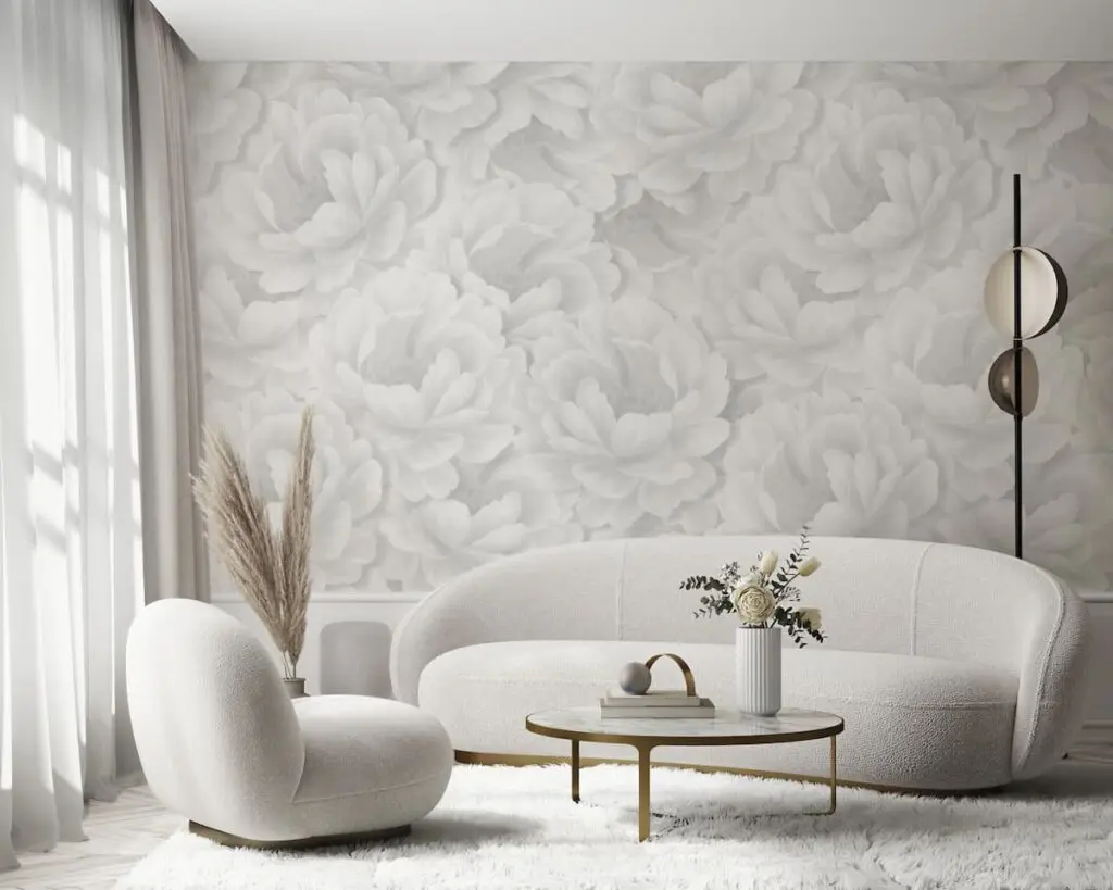 White living room with wallpaper done in Pantone's Color of the Year for 2026, Cloud Dancer