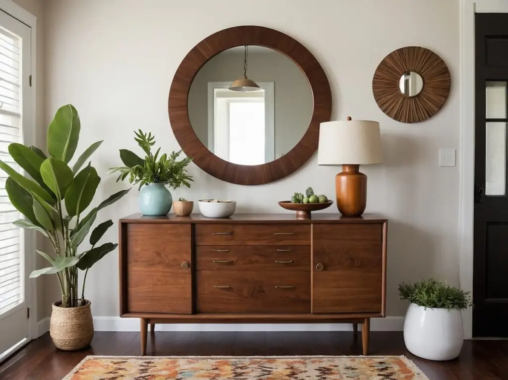 foyer styled in warm minimalism, with a round mirror and a mid-century modern console, with plants and a lamp on it.